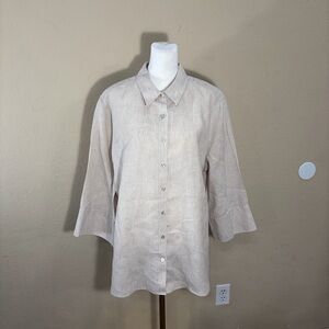 Chico’s 100% Linen No Iron Button Up 3/4 Sleeve Top Beige Sz 3 US 16 Coastal EUC